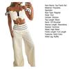 2 Pcs/Set Women Crop Top Pants Suit Low-cut Bandeau Sleeveless Ruffle Backless High Waist Wide Leg Striped Solid Color Commute Soft Summer Tube