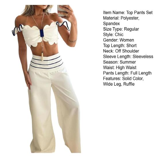 2 Pcs/Set Women Crop Top Pants Suit Low-cut Bandeau Sleeveless Ruffle Backless High Waist Wide Leg Striped Solid Color Commute Soft Summer Tube