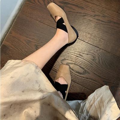 []~ Туфли Мэри Джейн на толстом каблуке с перекрестным ремешком из свиной кожи и кожи лошади, женские туфли-лодочки