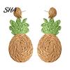 Lightweight Tropical Earrings 1 Pair Handmade Raffia for Women, Boho Straw Hand-Woven Pineapple Dangle Earrings, Natural Rattan Summer Beach