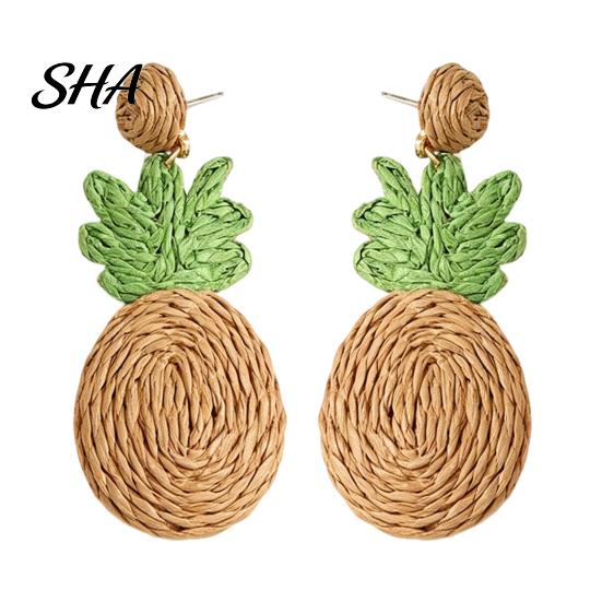 Lightweight Tropical Earrings 1 Pair Handmade Raffia for Women, Boho Straw Hand-Woven Pineapple Dangle Earrings, Natural Rattan Summer Beach
