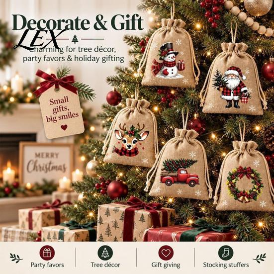 Small Fabric Gift Packaging Christmas Jute Burlap Bags, Drawstring Treat Candy Pouches Bag, Reusable Linen Pouch for Holiday Party Favors Decor