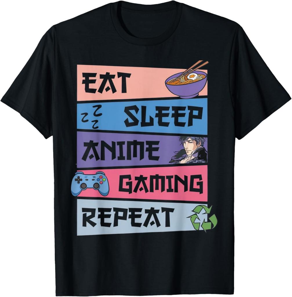 Eat Sleep Anime Gaming Repeat Kawaii Otaku Anime Unisexga Custom Printed Graphic T Shirts Customizable Graphic Loose Soft TShirts