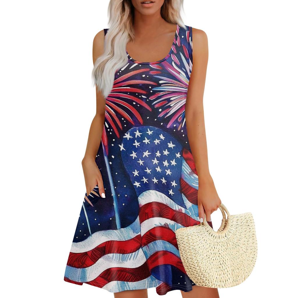 Women's Summer Casual Square Neck Independence Day Printed Dress Sleeveless Dress With Pockets