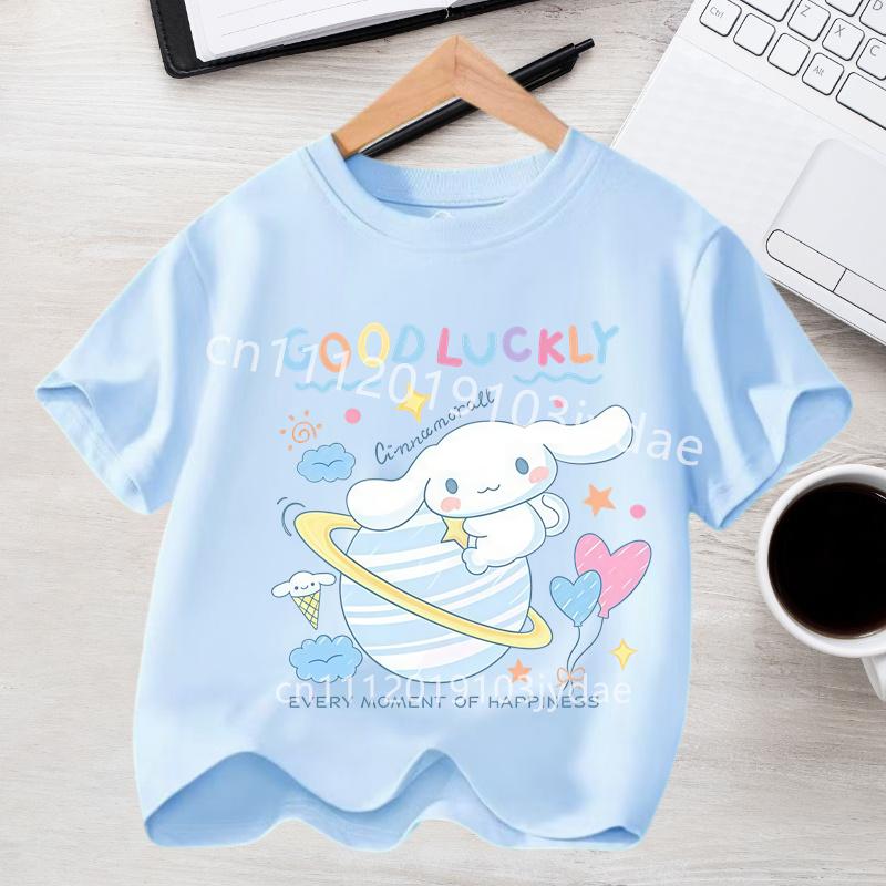 Летняя повседневная одежда 2026 Kawaii Подарок Милый Киннаморолл Девочка Футболка Хлопок Аниме Принт Футболка Детская с коротким рукавом Уличная одежда