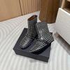 Women's Black Leather Diamond Studded Romantic and Fashionable Ballet Style Flat Boots Short Boots