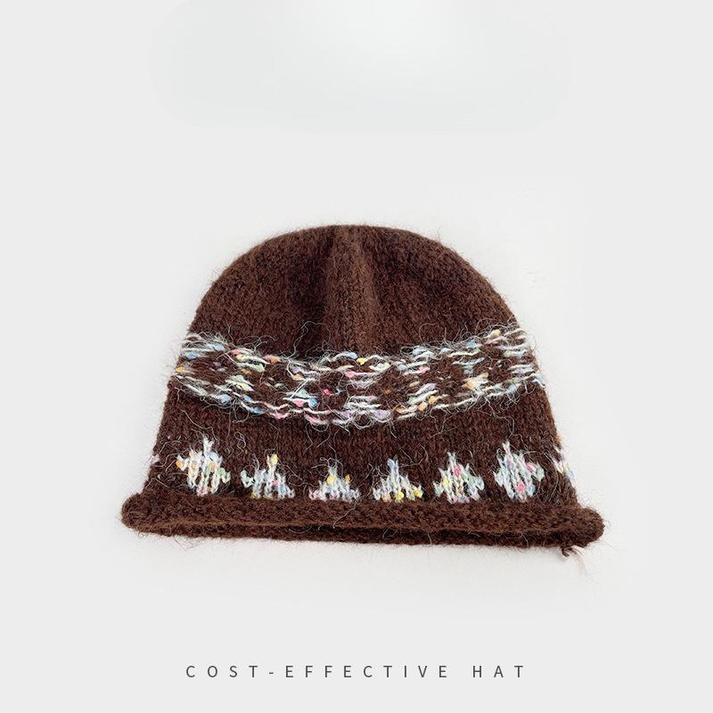 Корейская ретро жаккардовая вязаная шапка в стиле Fair Isle для женщин, зимняя теплая повязка на голову для защиты ушей, холодная шапка, подчеркивающая лицо, маленькая шерстяная шапка