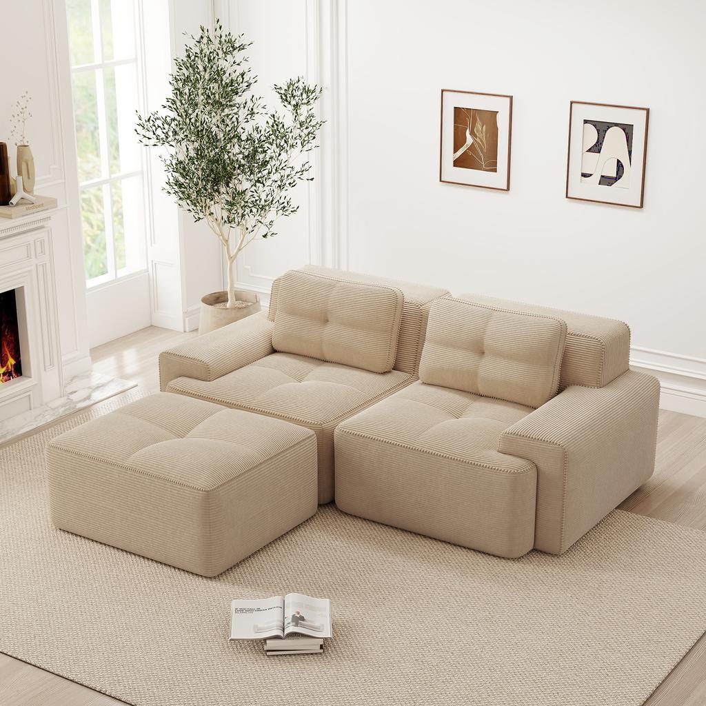 Boneless Modular Sofa, Modern L-Shaped for Living Room with Deep Seat, Comfortable Corduroy Cloud Sofa with Ottoman, Tufted Two-Seater Sofa Bed, Beige