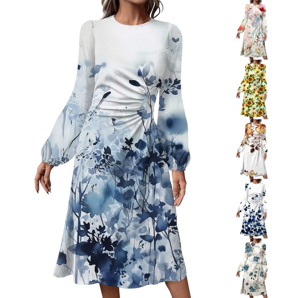 Women's Fashion Casual Print Round Neck Long Sleeve Midi Dress