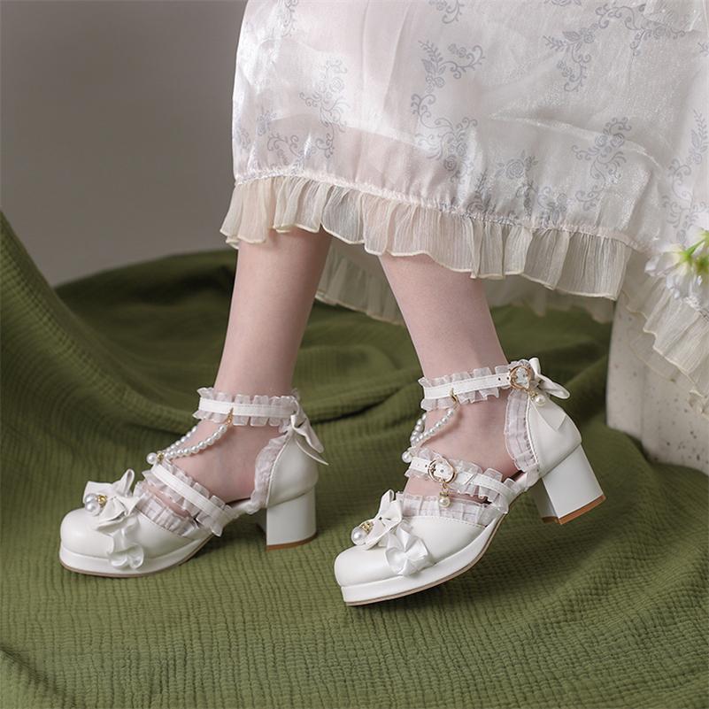 Женские туфли-лодочки в стиле Лолиты с ремешком на щиколотке, женская обувь в стиле каваи на платформе с круглым носком, на толстом среднем каблуке с пряжкой и бантом из бисера, весенне-осенняя женская обувь