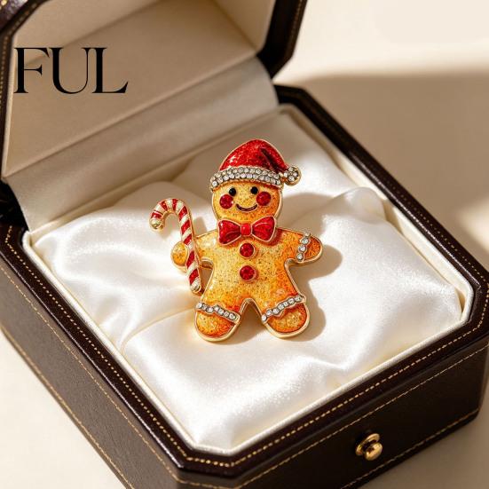 Holiday Coats Pin Christmas Gingerbread Man Brooch Pin, Holding Candy Cane Jackets Decorative Badge with Rhinestone, Costume Accessories Scarves Pins