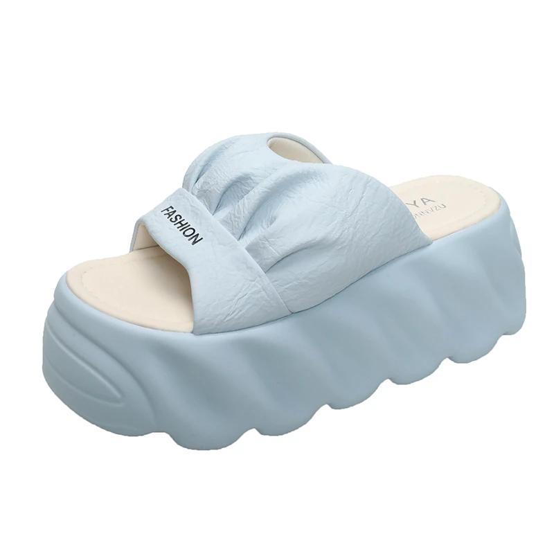 Мода 8,5 см Новые шлепанцы на платформе Женские Летние Уличные На высоком каблуке Кожаные Массивные Сандалии Повседневные С открытым носком Вьетнамки Пляжные Туфли на танкетке