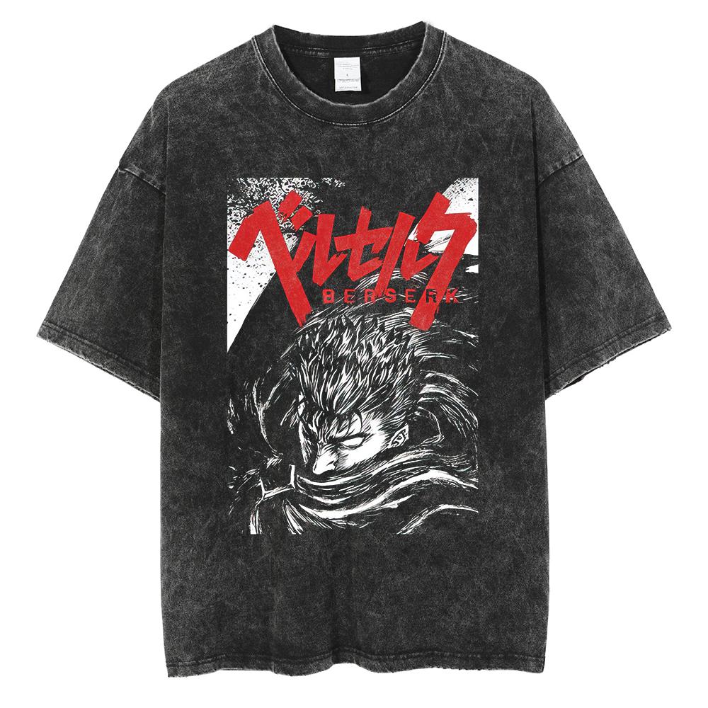 Vintage Washed Berserk TShirt for Men Women Retro Anime Skull Graphic Tees Oversized Streetwear Cotton Short Sleeve T Shirts