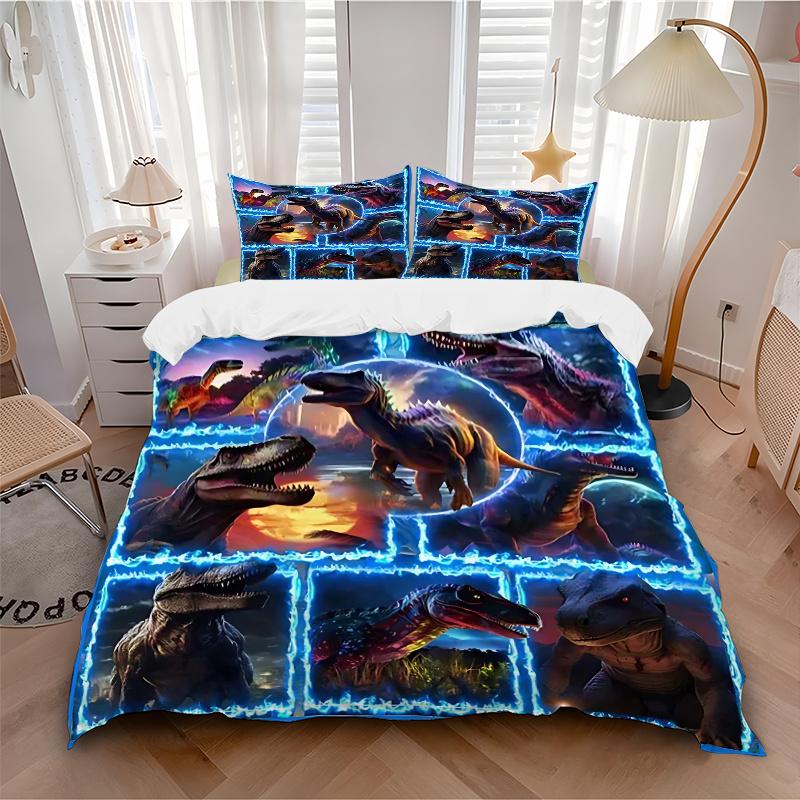3pcs Dinosaur Adventure Anime Cartoon Design Comforter Set with One Quilt Cover and Two Pillowcases (No Core), Perfect for Bedroom and Guest Room Deco