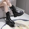 Fashion 9.5CM Women Autumn Mid-calf Boots Heels High Platform Motorcycle Boots Leather Chunky Shoes Woman Thick Bottom Short Punk Boots