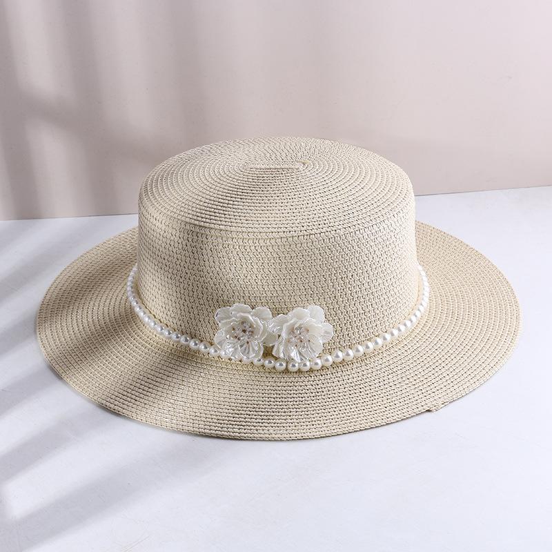 Summer Shade Face Shade Sun Hat Pearl Flower Hepburn Wind Beach Holiday Flat Top Straw Top Hat