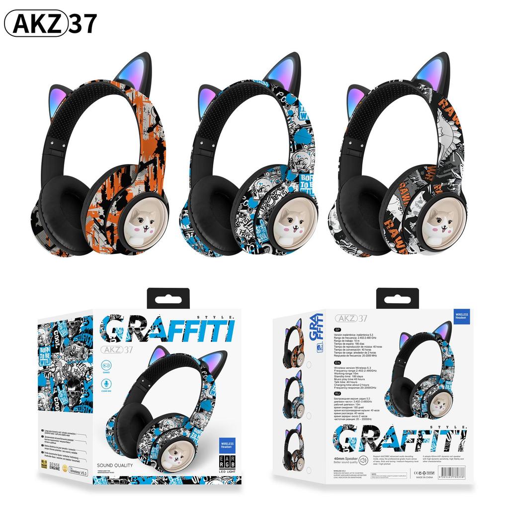 2024 AKZ-37 Игровая Bluetooth-гарнитура с граффити-дизайном, беспроводная, мультяшный дизайн, Bluetooth 5.3