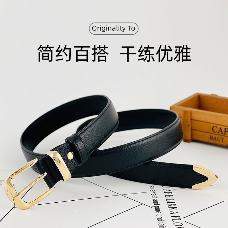 Womens Vintage Black Belt Gold Pin Buckle Thin PU Leather Jeans Casual Fashion