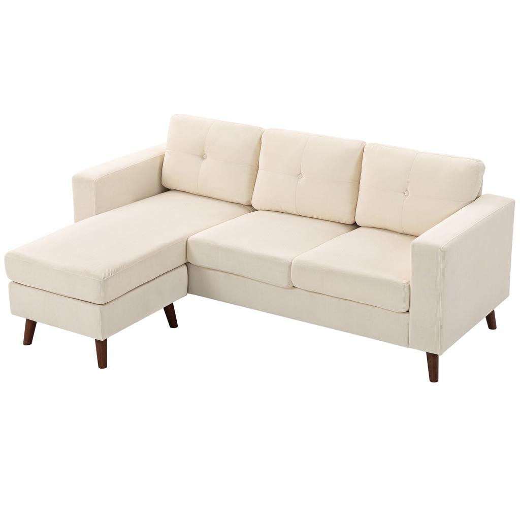 Corner Sofa 192 cm L-Shape 3-Seater Sofa with Reversible Chaise Longue, Corduroy Look, for Small Spaces, Cream White