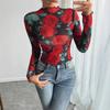 Spring and Summer Women Sheer Roses Floral Print Long-sleeved Small Stand-up Net Versatile Closet Essential Fashion Items Shirt