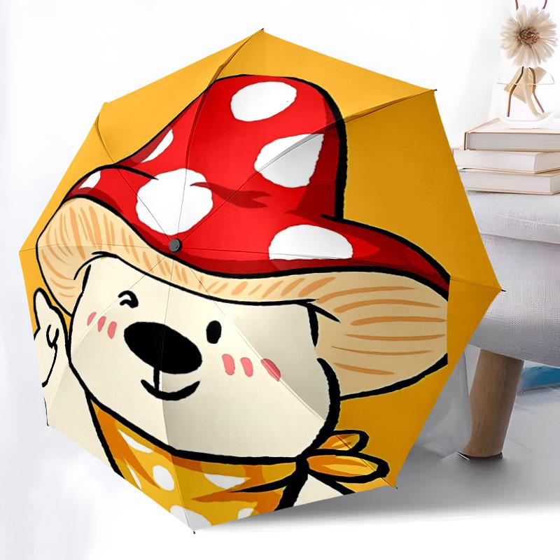 1pc Mushroom Bear Adventure Auto Open/close, 8-Rib Iron Frame, Compact Folding Cute Umbrella All-Season Portable Umbrella for Travel 001