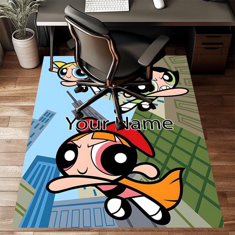 Powerpuff Design Area Rug Personalized Name- Non-Slip, Soft & Cozy Floor Mat for Living Room, Office - Indoor/Outdoor Carpet