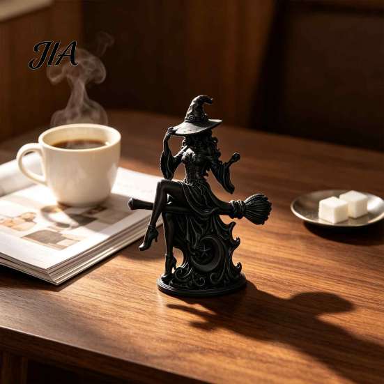 Unique Witch Gift for Her Gothic on Broom Statue, 3D Printed Spooky Tabletop Figurine Home Office Ornament Party, Black Halloween Desk Decor