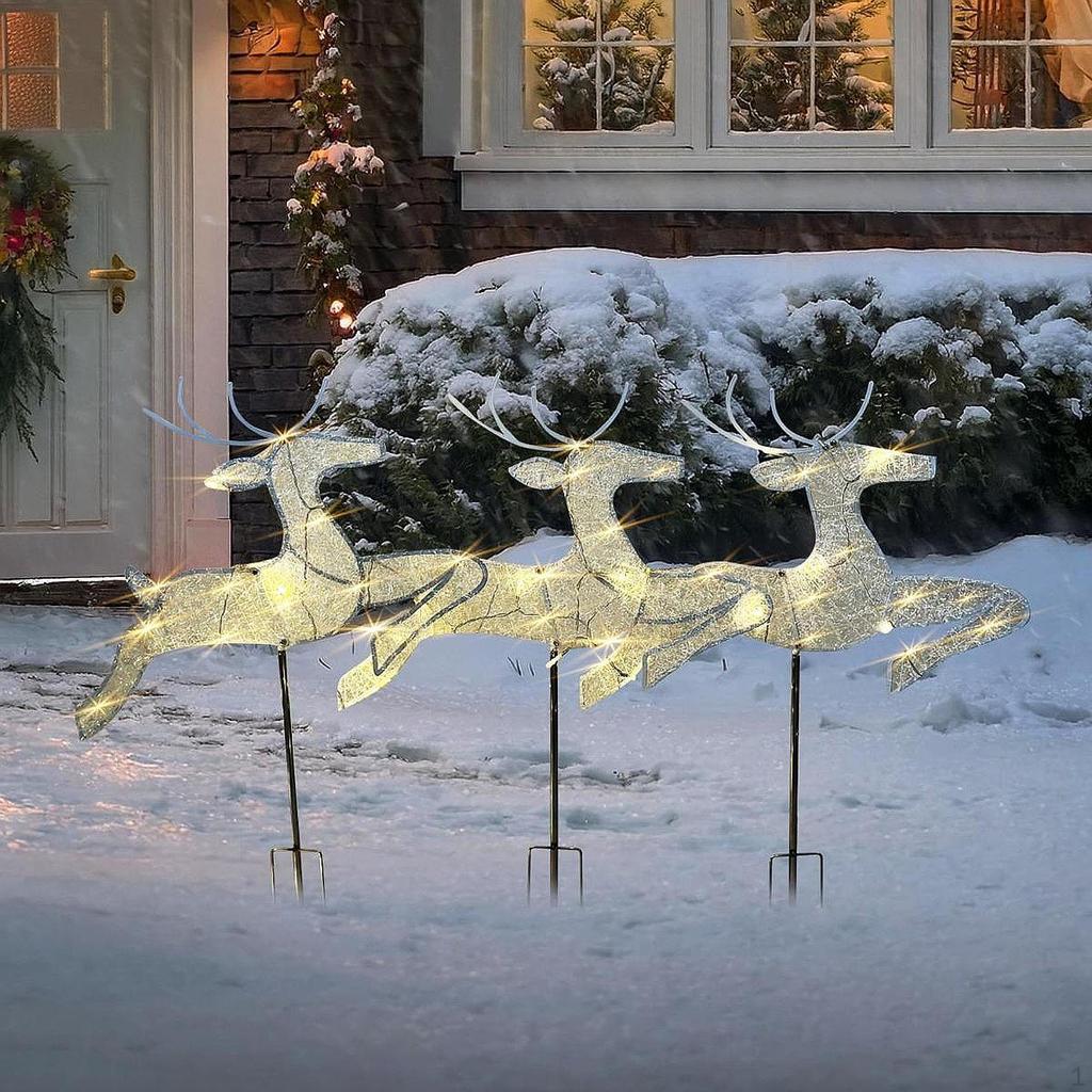 3Pcs Christmas Reindeer Figurines Ground Stakes Glittering Outdoor Props Art Crafts Lighted Deer Set