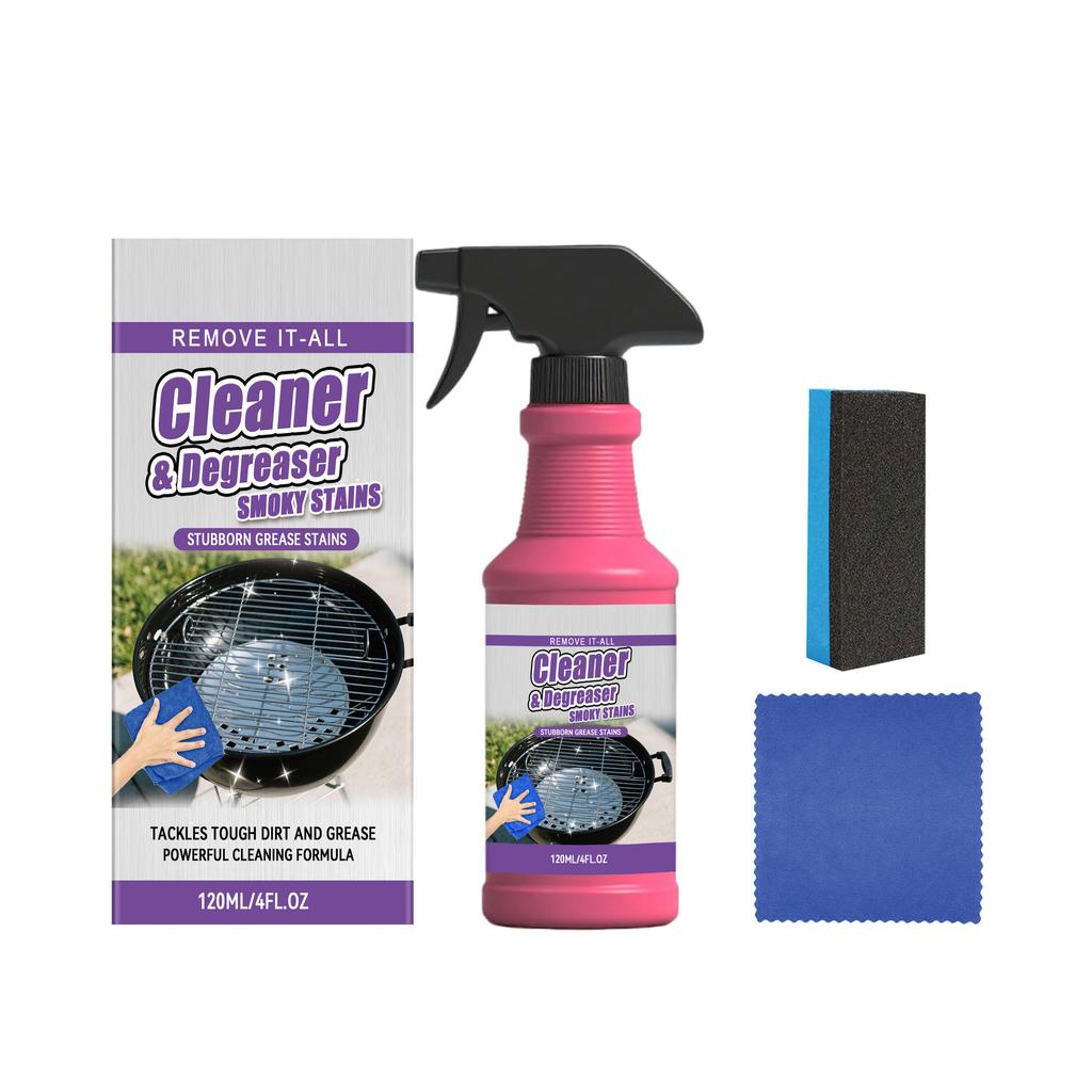 Grill Cleaner Degreaser 120ml with Cleaning Sponge and Cloth for BBQ Grill Grates Racks Stubborn Grease Stain Removal Powerful Cleaning Solution
