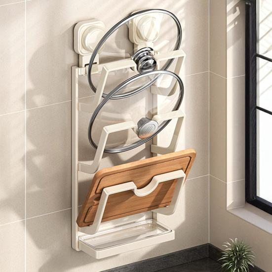 Настенный держатель для крышек от кастрюль на присосках, кухонный органайзер для крышек от кастрюль, стойка для хранения крышек от сковородок со съемным поддоном для сбора капель для разделочной доски