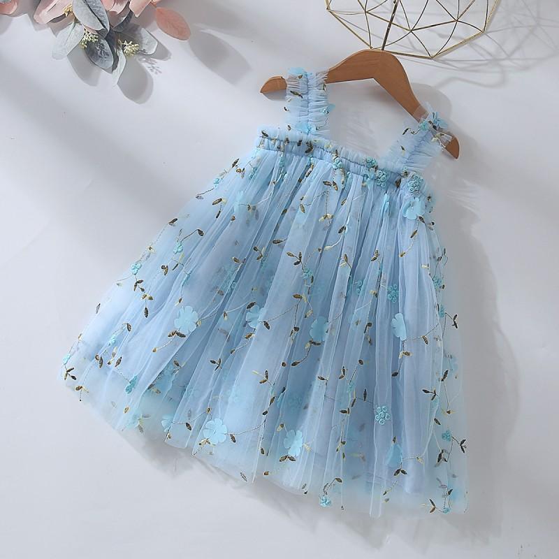 Girls Princess Dress Sleeveless Lace Tutu Embroidered Flower Patch Party
