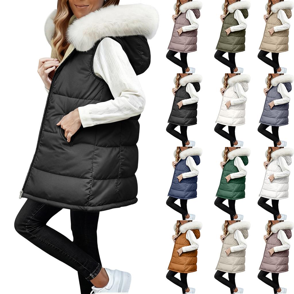 Women's Long Vest Plain Sleeveless Hood Winter Vest Outwear Jacket Lightweight Warm Coat Outerwear
