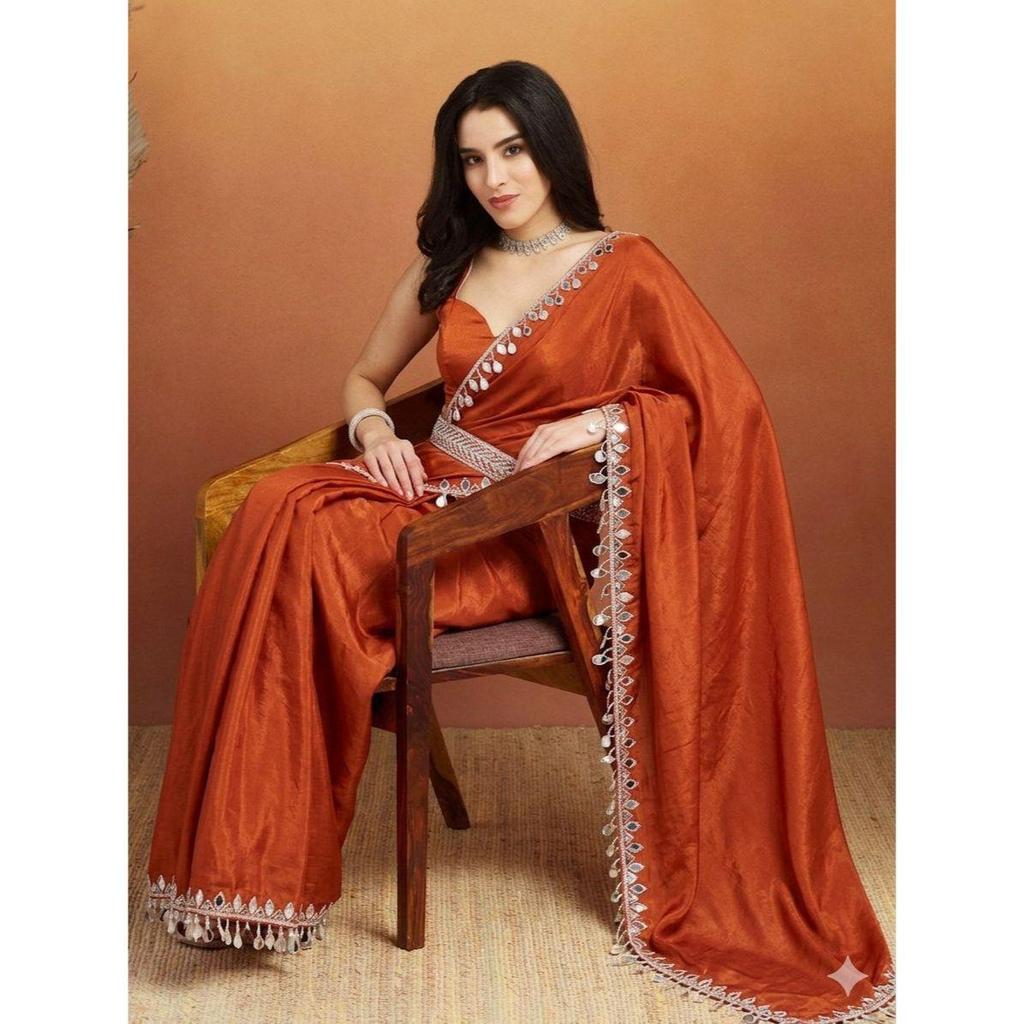 Элегантная Сари Коллекция Fandy из Сатина с Зеркальной Вышивкой