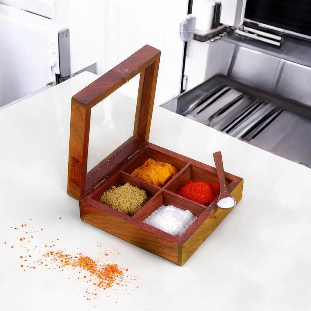 Деревянная коробка для специй с 4 отделениями и ложкой, контейнер для специй для кухни, масала дабба, намакдани для кухни