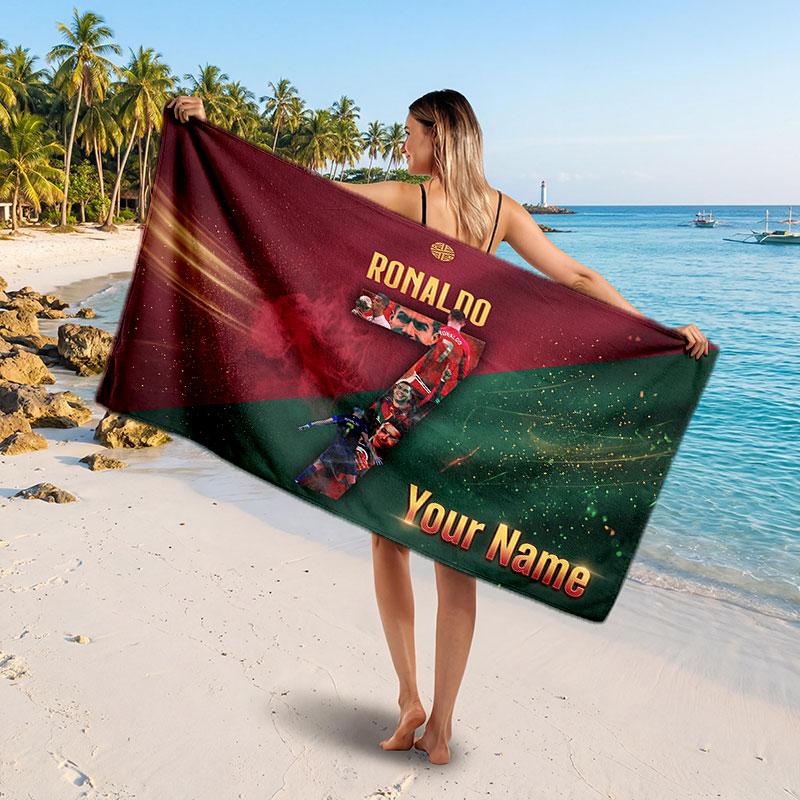 Cristiano Ronaldo Custom Beach Towel, Personalized Name Text Print, Football Logo Soft Quick‑Dry Towel Holiday Gift