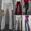 Women Elastic High Waist Flared Pants Sequins Decor Slim Fit Long Trousers High Street Long