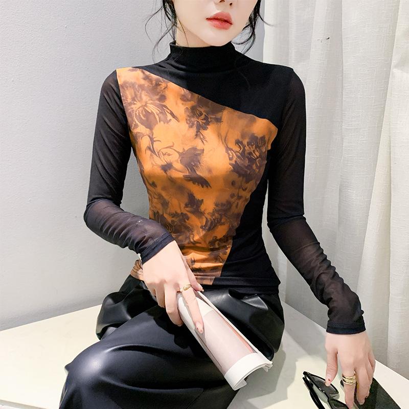 Футболка в корейском стиле с принтом для женщин, с длинными рукавами, зимняя, новая, с полувысоким воротом, сетчатая рубашка, облегающая
