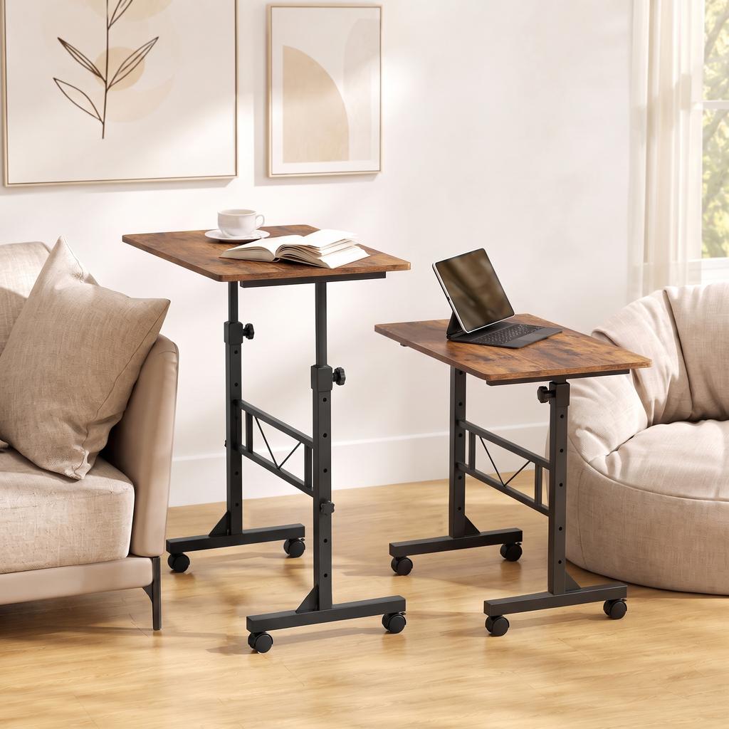 Overbed Table Adjustable Height Sofa Side Table with Wheels 80 x 40 cm Rustic Brown Black