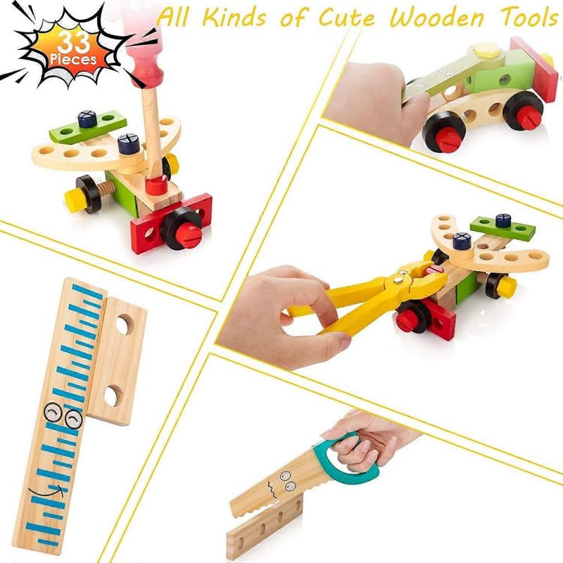 Children's tool kit, wooden tool box with wooden tools, building toy set, educational STEM building