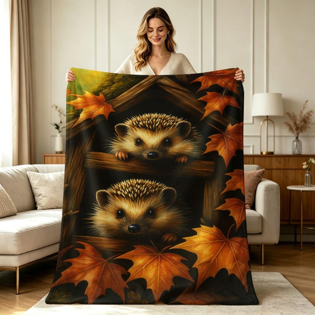 Soft Warm Flannel Blanket with Cute Hedgehog Autumn Maple Leaf Print All Season Blanket for Sofa Couch Living Room Bedroom