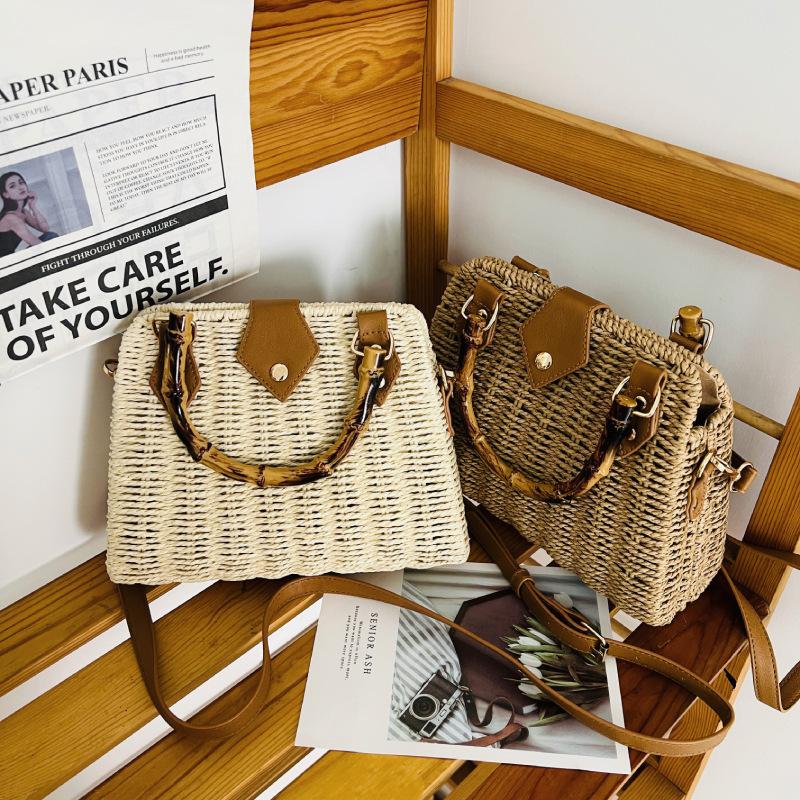 Pastoral Style Straw Bag Women's 2024 Summer Retro Handheld Bamboo Bag Versatile Shoulder Crossbody Bag Beach Bag