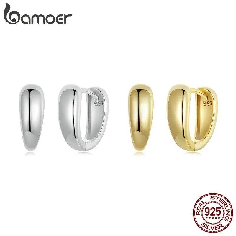 Bamoer 925 Sterling Silver Office Lady Style Simple Huggie Ear Buckles Gold Plated Hoop Earrings for Women Fine Jewelry