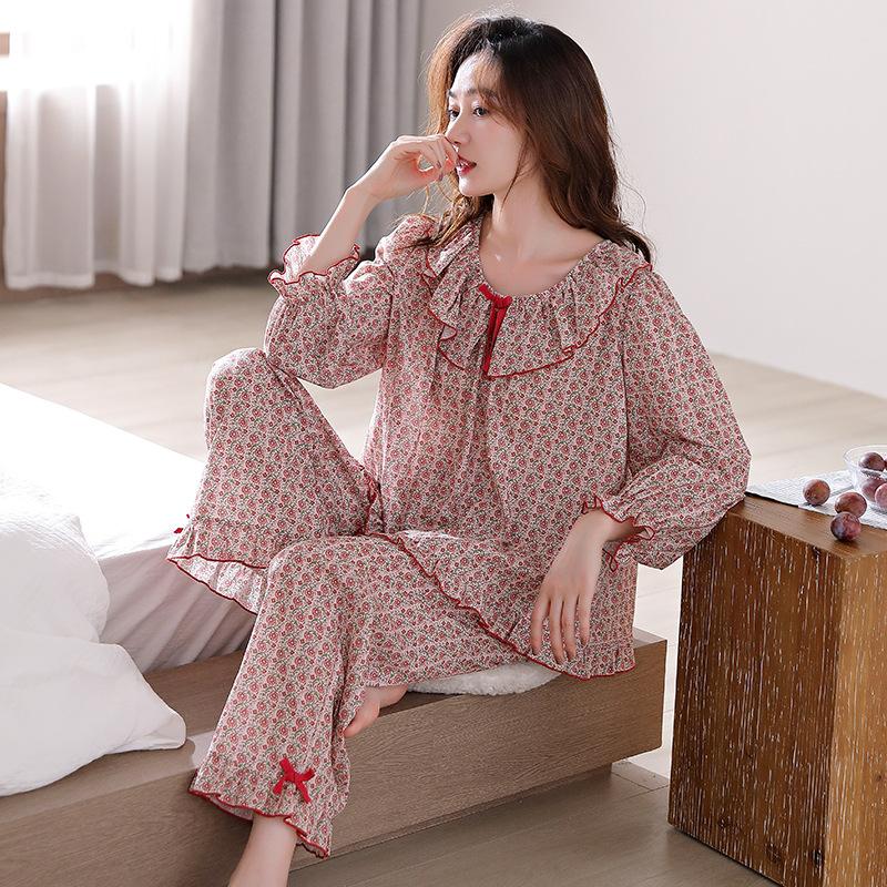 Pajamas women's spring and autumn pure cotton long-sleeved women's autumn cotton thin middle-aged mothers can wear loungewear in autumn and winter