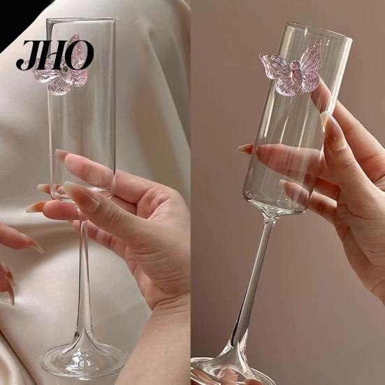 Wine Glass Champagne Flutes with 3D Pink Butterfly Decoration Drinkware Faux Crystal Wedding Party Anniversary Glasses Lightweight Glassware