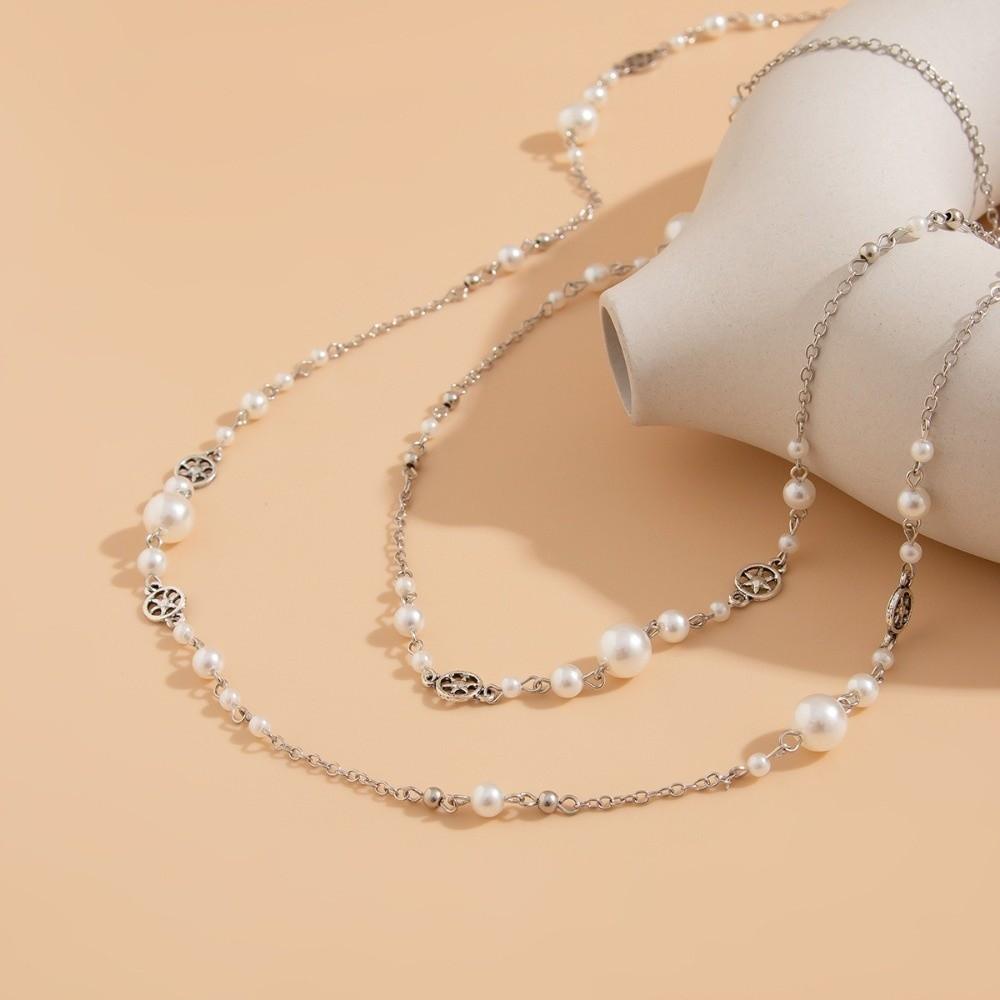 2Pcs/Set Long Chain Imitation Pearl Necklace Double Layers Sweater Chain Women Fashion