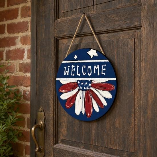 Spring Flower Wreath Welcome Sign, Independence Day Patriotic Hanging Plaque, Round Wooden Door Hanger Decoration for Indoor Outdoor