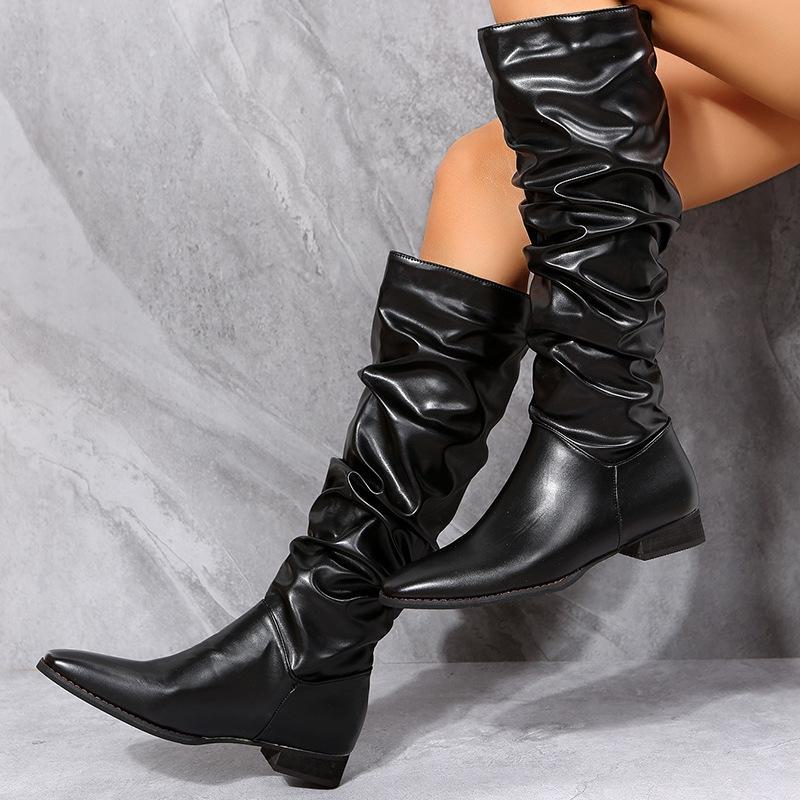 2022 Осень/Зима Женская Мода Низкий Каблук Высокие Сапоги Труба – Европейский и Американский Стиль, Однотонные, В Наличии