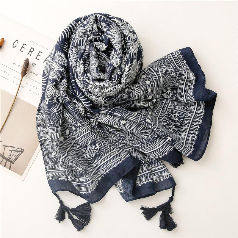 New Women'S Soft Navy Blue Bohemian Tassel Scarf, Fashionable Scarf, Headscarf, Travel, Vacation, Beach Wrap, Shawl
