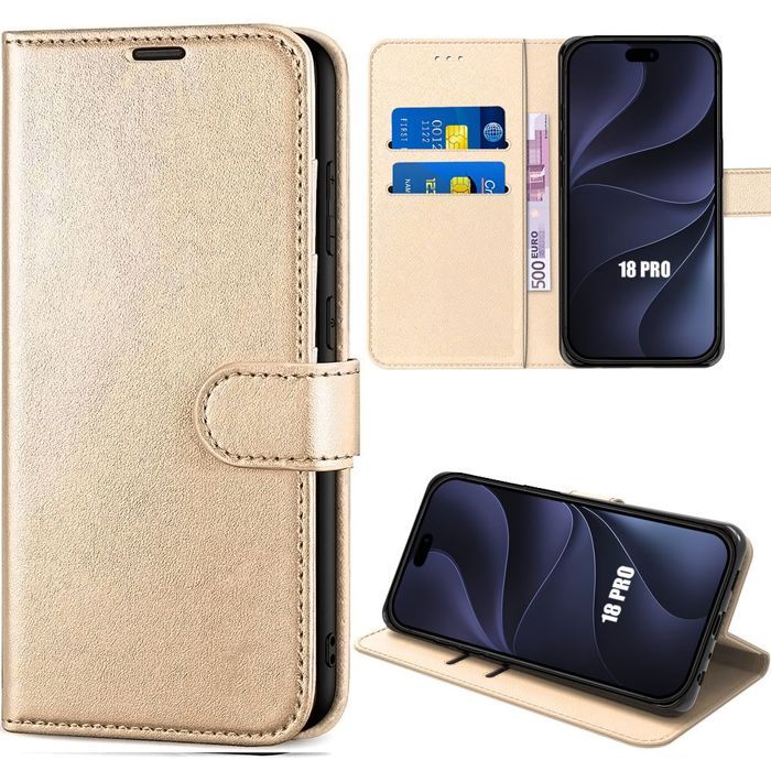Coque pour iPhone 18 Pro, Protection Flip Case Antichoc Anti-Rayures Effet Cuir Doré