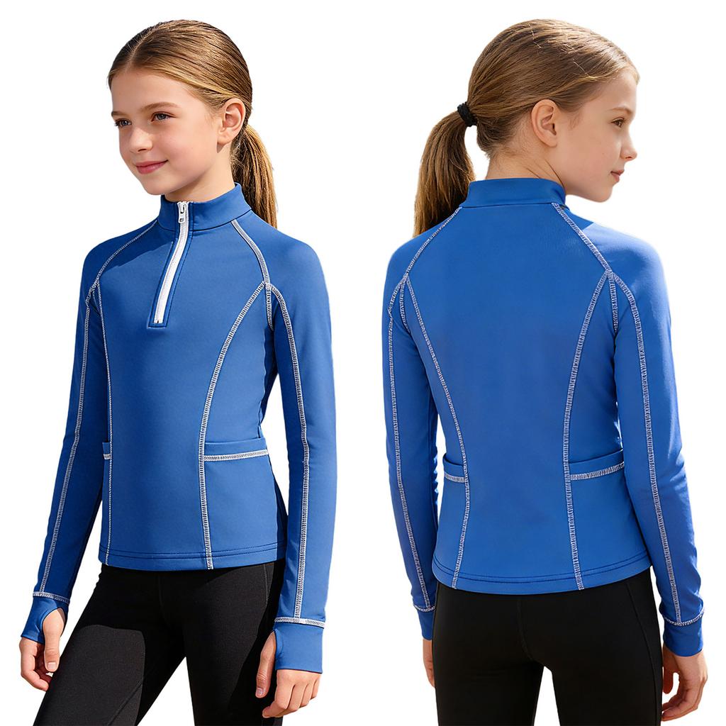 Comfortable Zip-Up Riding Shirt for Girls: Breathable Sweatshirt with Thumb Holes, Collared Neck & Secure Zip Pockets